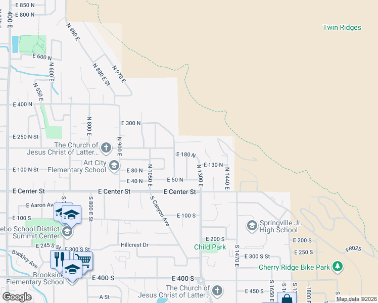 map of restaurants, bars, coffee shops, grocery stores, and more near 150 North 1230 East Street in Springville