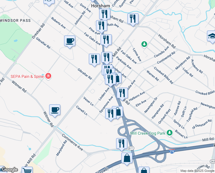 map of restaurants, bars, coffee shops, grocery stores, and more near 1534 Linden Avenue in Willow Grove