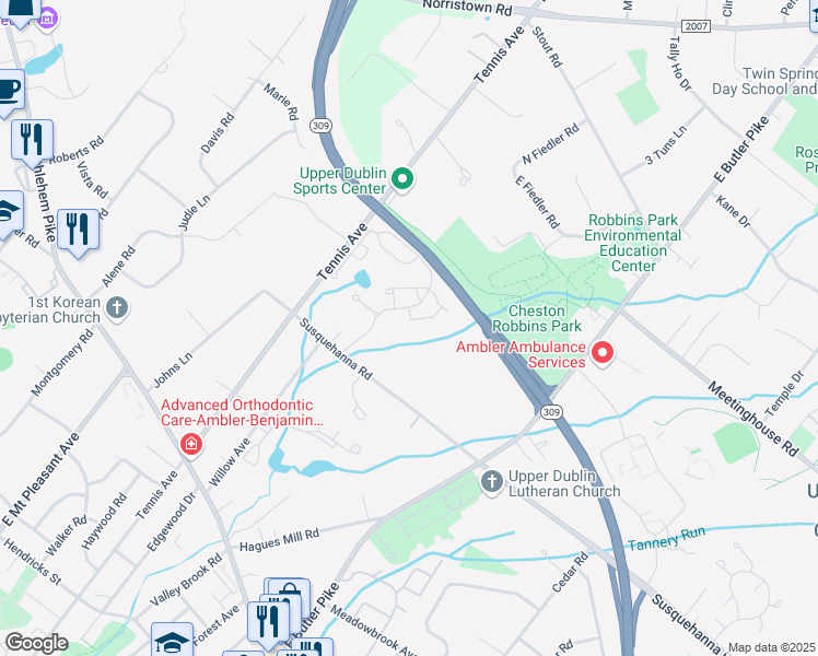 map of restaurants, bars, coffee shops, grocery stores, and more near 1400 Seneca Run in Ambler
