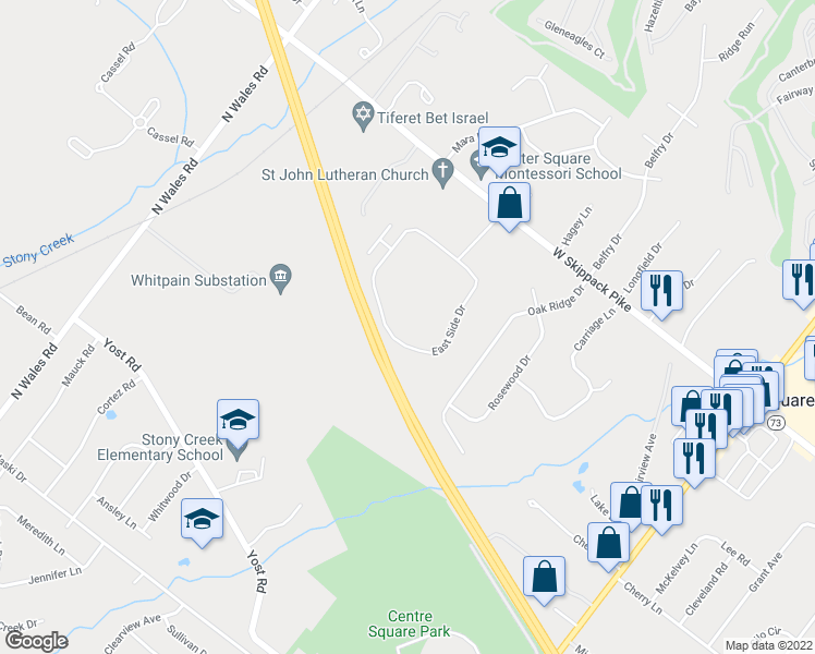 map of restaurants, bars, coffee shops, grocery stores, and more near 1504 Whitpain Hills in Blue Bell