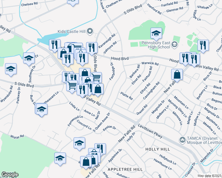 map of restaurants, bars, coffee shops, grocery stores, and more near 623 Saxony Drive in Fairless Hills