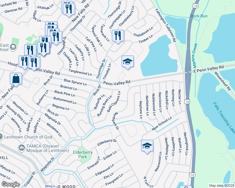 map of restaurants, bars, coffee shops, grocery stores, and more near 73 Bald Cypress Lane in Levittown