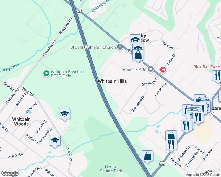 map of restaurants, bars, coffee shops, grocery stores, and more near 1504 Whitpain Hills in Blue Bell