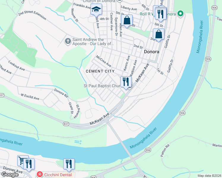 map of restaurants, bars, coffee shops, grocery stores, and more near 100 Brokaw Avenue in Donora