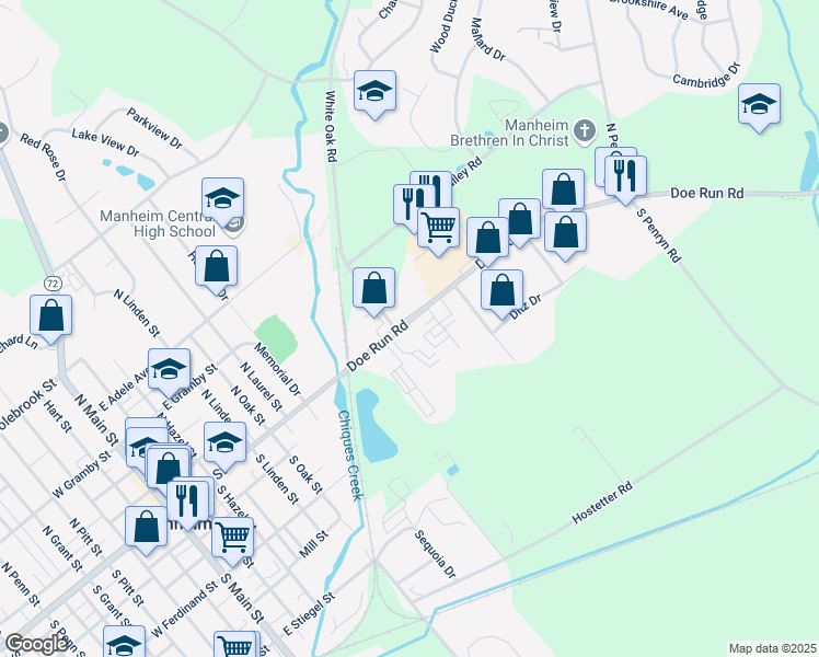map of restaurants, bars, coffee shops, grocery stores, and more near 46 Doe Run Road in Manheim