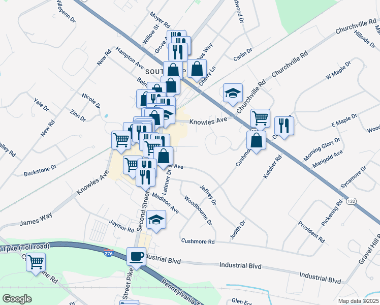 map of restaurants, bars, coffee shops, grocery stores, and more near 505 Keystone Road in Bucks County