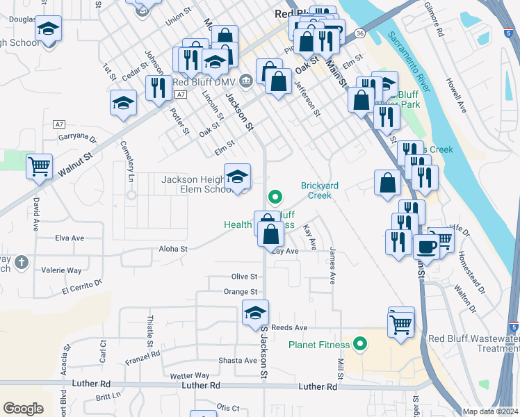 map of restaurants, bars, coffee shops, grocery stores, and more near 101 Jackson Street in Red Bluff