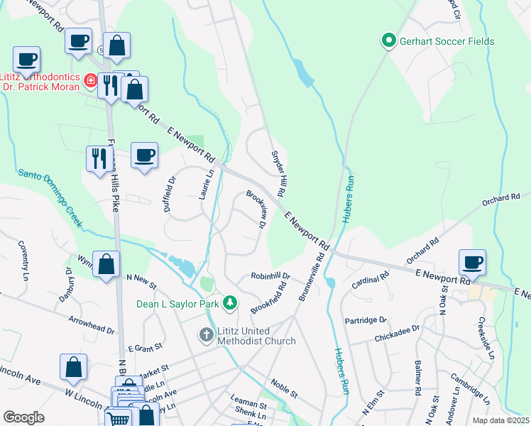map of restaurants, bars, coffee shops, grocery stores, and more near 40 Brookview Drive in Lititz