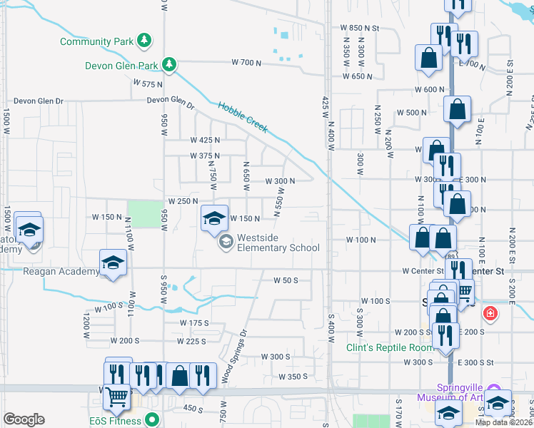 map of restaurants, bars, coffee shops, grocery stores, and more near 247 North 550 West in Springville