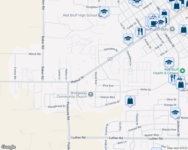 map of restaurants, bars, coffee shops, grocery stores, and more near 1740 Walnut Street in Red Bluff