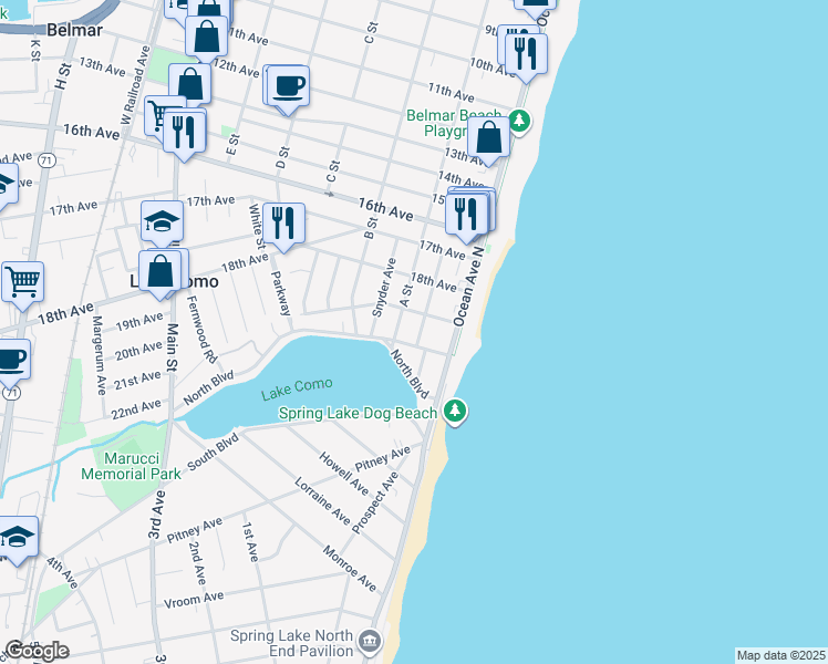 map of restaurants, bars, coffee shops, grocery stores, and more near 110 19th Avenue in Belmar