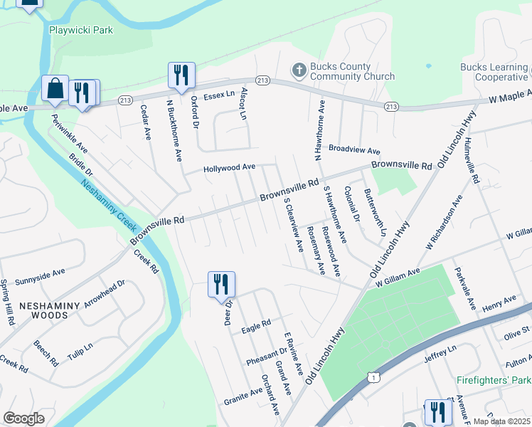 map of restaurants, bars, coffee shops, grocery stores, and more near 133 South Myrtlewood Avenue in Langhorne