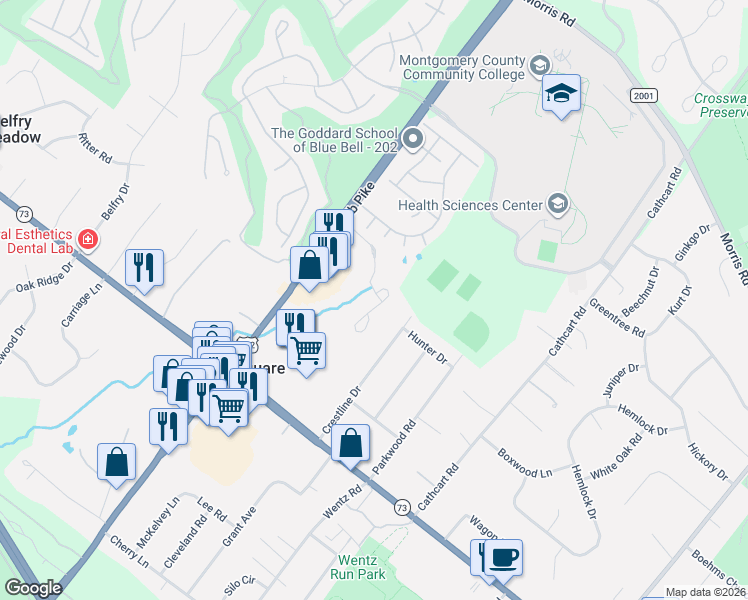 map of restaurants, bars, coffee shops, grocery stores, and more near 652 Dekalb Pike in Blue Bell