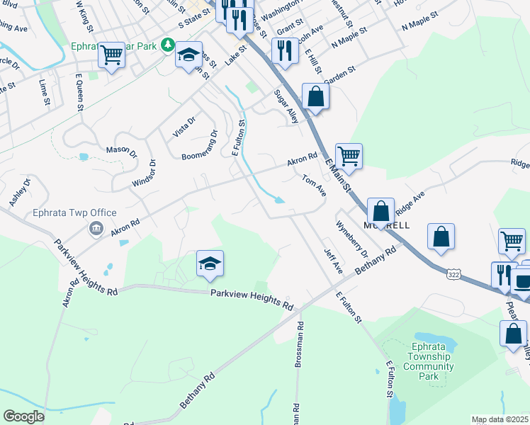 map of restaurants, bars, coffee shops, grocery stores, and more near 224 East Fulton Street in Ephrata