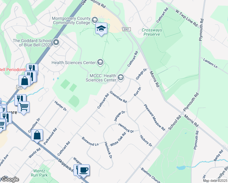 map of restaurants, bars, coffee shops, grocery stores, and more near 1089 Greentree Road in Blue Bell