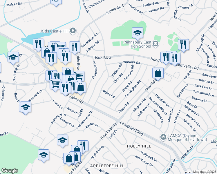 map of restaurants, bars, coffee shops, grocery stores, and more near 525 Ehret Road in Fairless Hills
