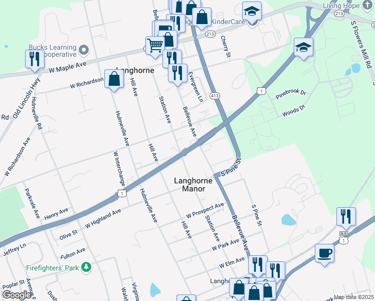 map of restaurants, bars, coffee shops, grocery stores, and more near U.S. 1 in Langhorne