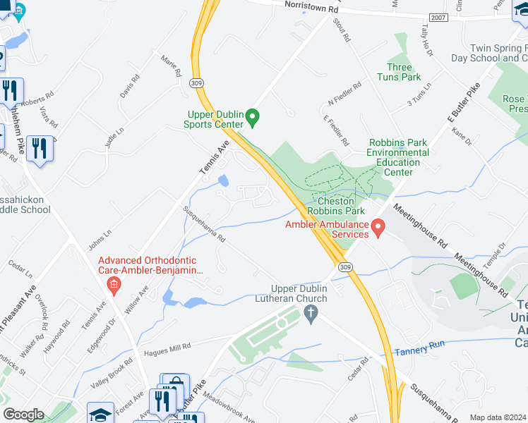 map of restaurants, bars, coffee shops, grocery stores, and more near 1502 Seneca Run in Ambler