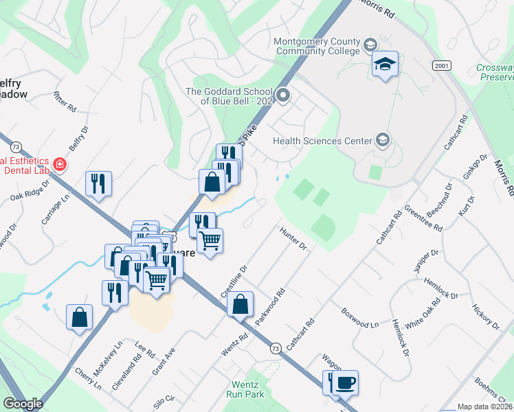 map of restaurants, bars, coffee shops, grocery stores, and more near 652 Dekalb Pike in Blue Bell