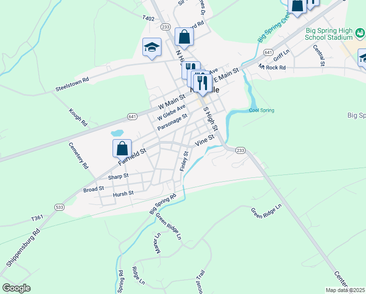 map of restaurants, bars, coffee shops, grocery stores, and more near 100 West Big Spring Avenue in Newville