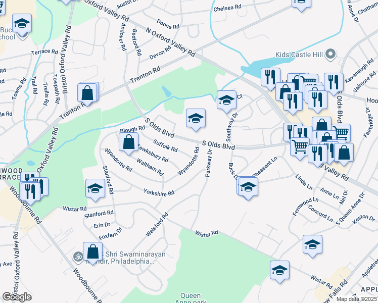 map of restaurants, bars, coffee shops, grocery stores, and more near 235 Suffolk Road in Fairless Hills