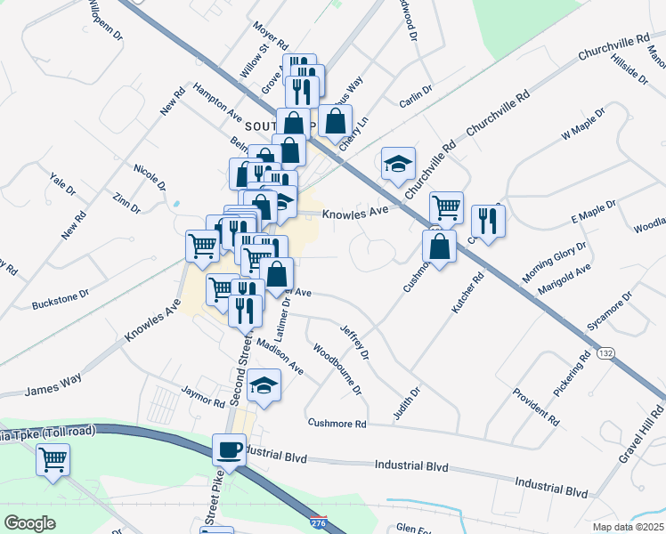 map of restaurants, bars, coffee shops, grocery stores, and more near 505 Keystone Road in Bucks County