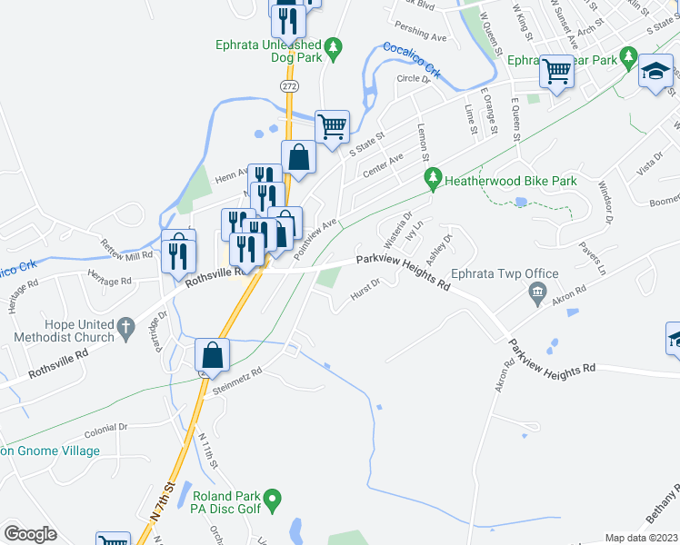 map of restaurants, bars, coffee shops, grocery stores, and more near 17 Parkview Heights Road in Ephrata