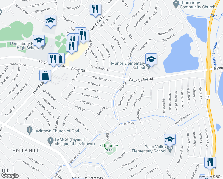 map of restaurants, bars, coffee shops, grocery stores, and more near 7 Briaroot Lane in Levittown