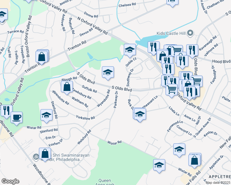 map of restaurants, bars, coffee shops, grocery stores, and more near 505 Parkway Drive in Fairless Hills