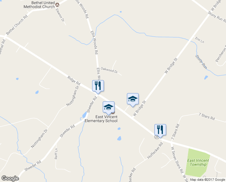 map of restaurants, bars, coffee shops, grocery stores, and more near 355 Ridge Road in Phoenixville