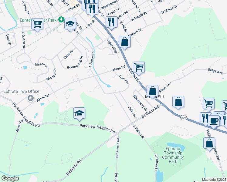 map of restaurants, bars, coffee shops, grocery stores, and more near 264 Tom Avenue in Ephrata