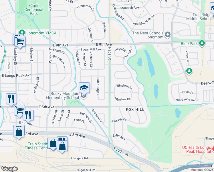 map of restaurants, bars, coffee shops, grocery stores, and more near 624 Rider Ridge Drive in Longmont