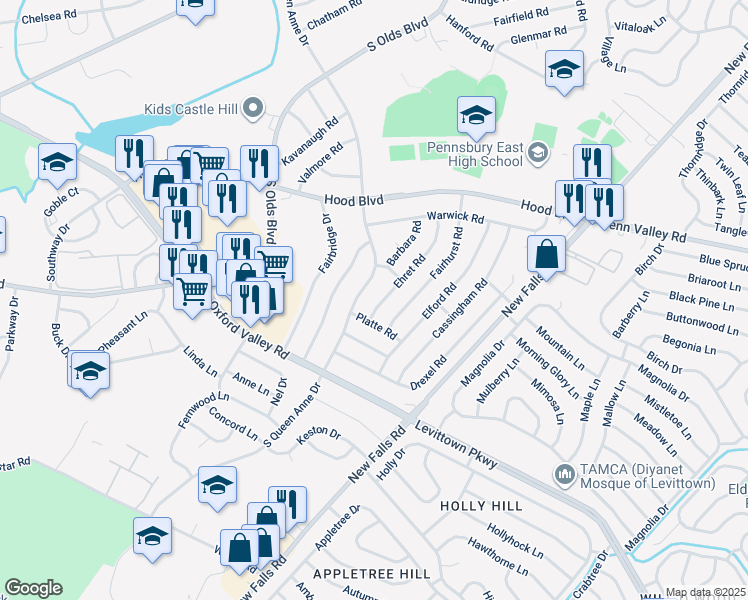 map of restaurants, bars, coffee shops, grocery stores, and more near 525 Ehret Road in Fairless Hills