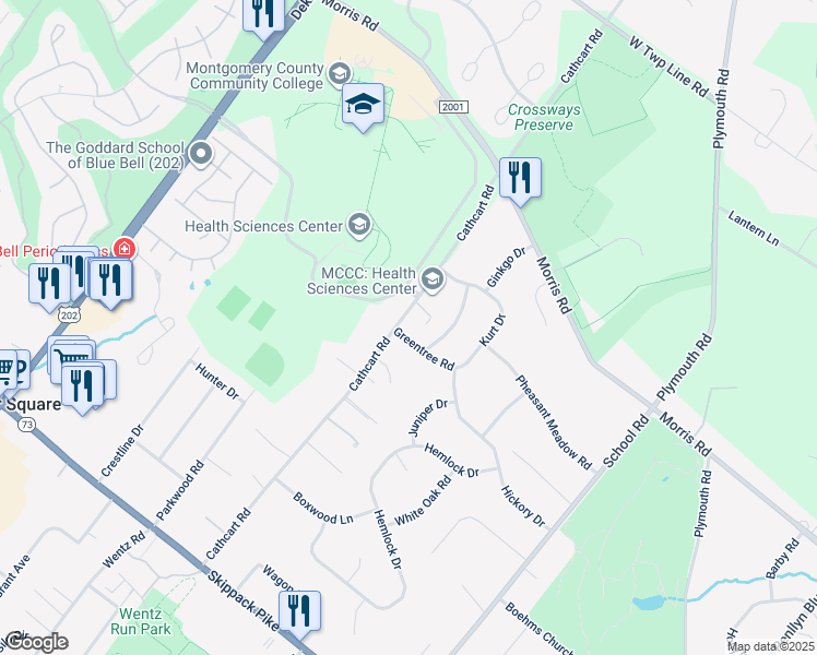 map of restaurants, bars, coffee shops, grocery stores, and more near 1089 Greentree Road in Blue Bell