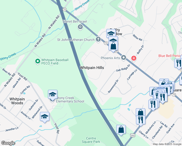 map of restaurants, bars, coffee shops, grocery stores, and more near 1503 Whitpain Hills in Blue Bell
