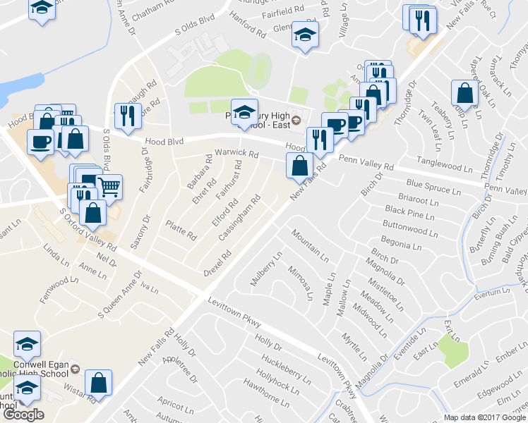 map of restaurants, bars, coffee shops, grocery stores, and more near 501 Drexel Road in Fairless Hills