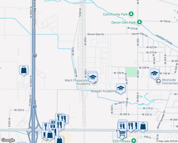 map of restaurants, bars, coffee shops, grocery stores, and more near 1438 West 275 North in Springville