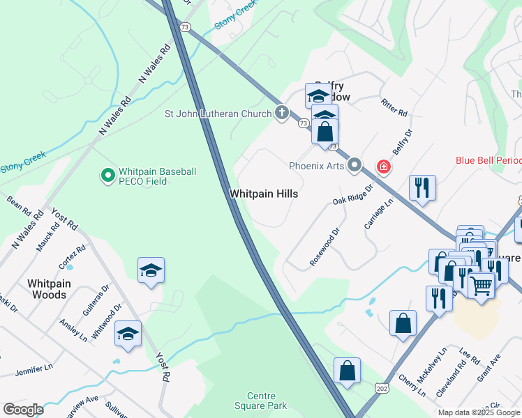 map of restaurants, bars, coffee shops, grocery stores, and more near 1503 Whitpain Hills in Blue Bell