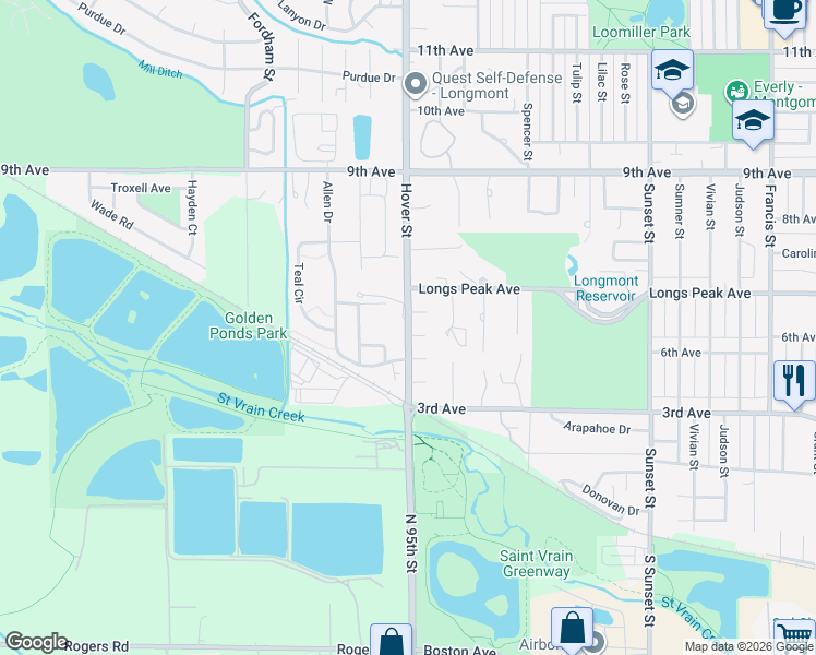 map of restaurants, bars, coffee shops, grocery stores, and more near 551 South Hover Road in Longmont