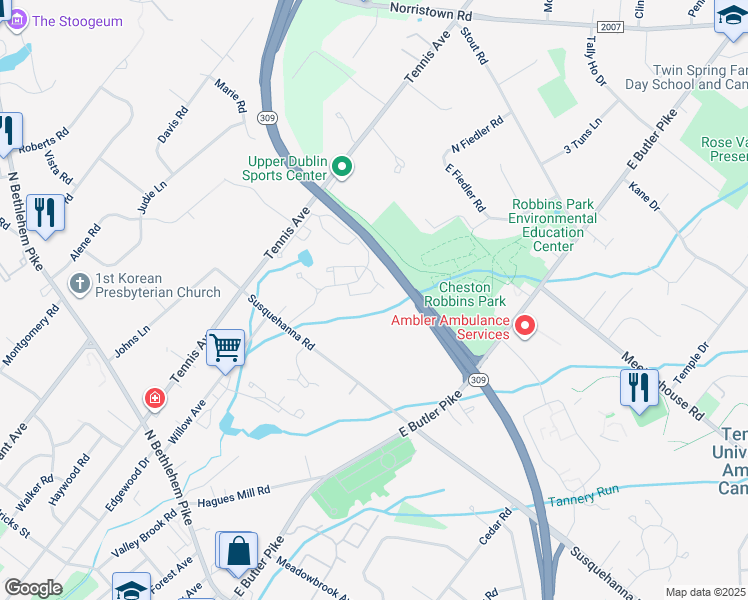 map of restaurants, bars, coffee shops, grocery stores, and more near 1600 Seneca Run in Ambler