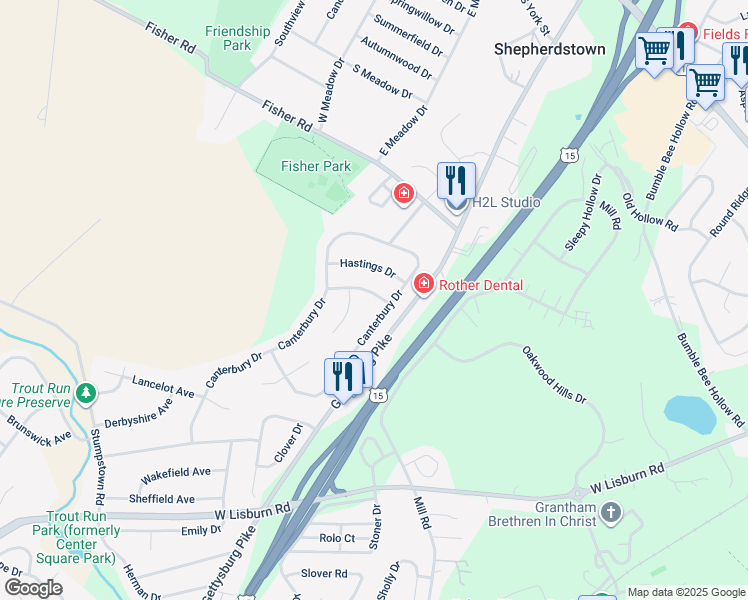 map of restaurants, bars, coffee shops, grocery stores, and more near 2202 Bradford Drive in Mechanicsburg