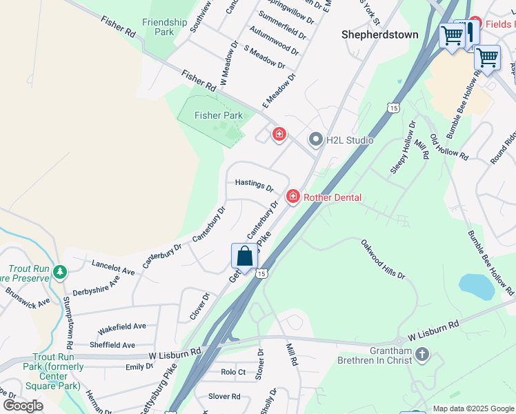 map of restaurants, bars, coffee shops, grocery stores, and more near 2202 Bradford Drive in Mechanicsburg