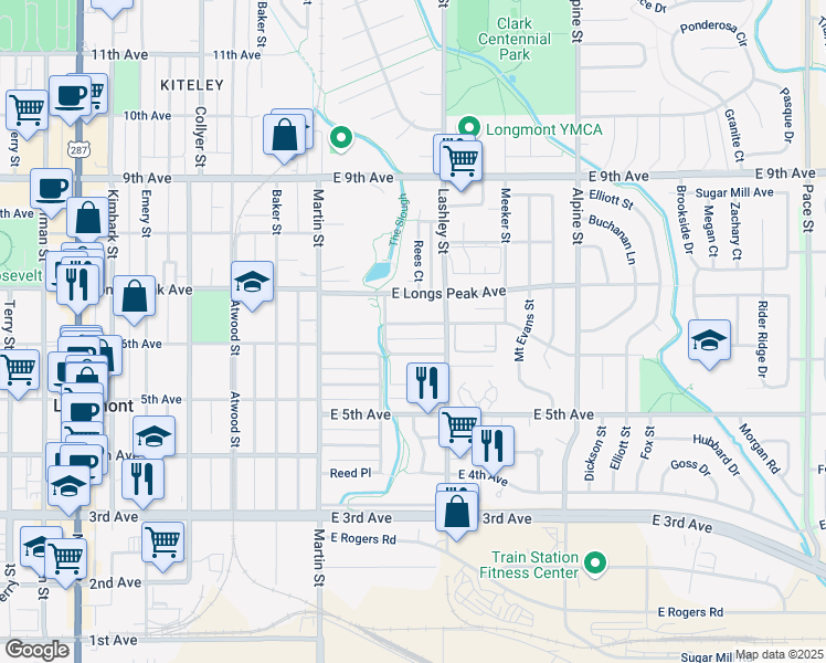 map of restaurants, bars, coffee shops, grocery stores, and more near 114 Saint Clair Avenue in Longmont
