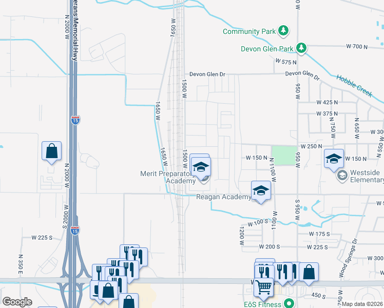 map of restaurants, bars, coffee shops, grocery stores, and more near 1438 West 275 North in Springville