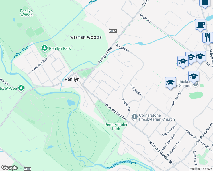 map of restaurants, bars, coffee shops, grocery stores, and more near 186 Albemarle Drive in Penllyn