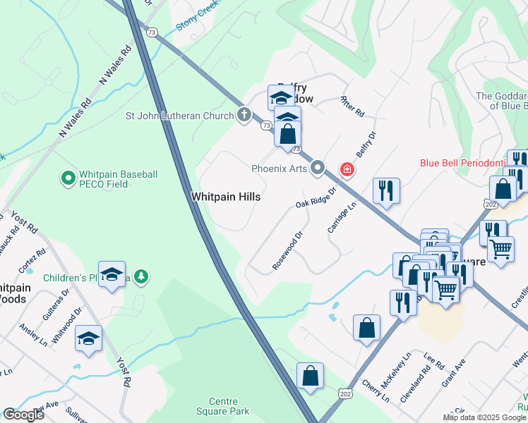 map of restaurants, bars, coffee shops, grocery stores, and more near 2201 Whitpain Hills in Blue Bell