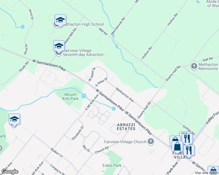 map of restaurants, bars, coffee shops, grocery stores, and more near 3157 Methacton Avenue in Norristown