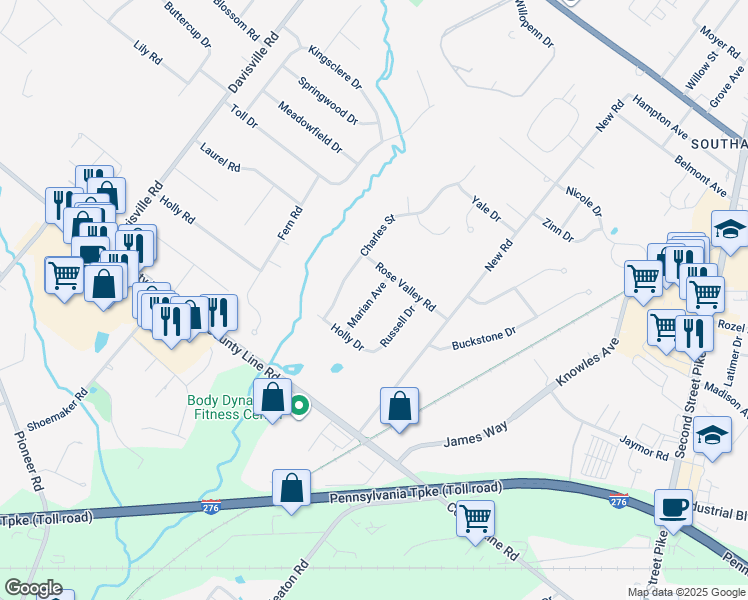 map of restaurants, bars, coffee shops, grocery stores, and more near 169 Marian Avenue in Bucks County