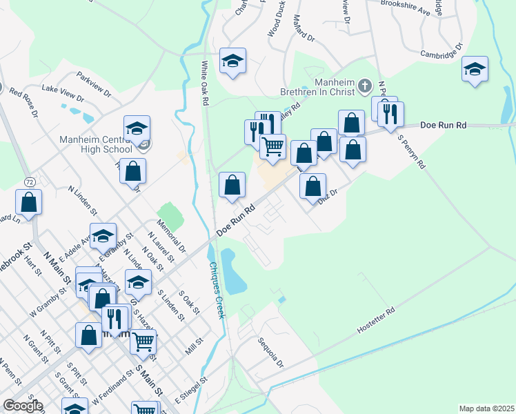 map of restaurants, bars, coffee shops, grocery stores, and more near 48 Doe Run Road in Manheim