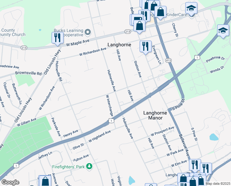map of restaurants, bars, coffee shops, grocery stores, and more near 408 Hulmeville Avenue in Langhorne